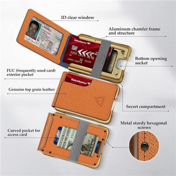 Tactical Bifold Wallets for Men Saffiano Orange & Gold - Picture 2 of 6